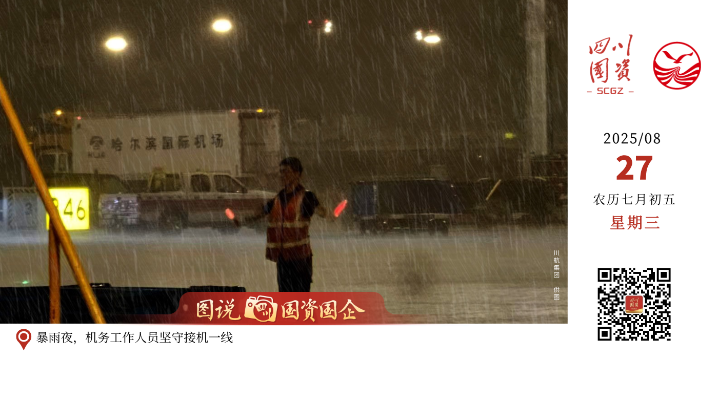 哈尔滨的夜雨来得突然，虽为紧张忙碌的暑运带来了一丝清凉，却也将人浇得通透淋漓。雨水顺着领口灌入，工服紧贴在身上，每走一步，工装鞋里的水便“咕吱”作响。但接机流程不能停，机务李佳霖双臂稳稳打出接飞机手势，成为飞机暴雨中的引导灯，雨水模糊视线，也仍要仔细检查每一处细节。机长在舷窗后竖起拇指，李佳霖擦去脸上的雨水，继续为下一架飞机引导着方向。