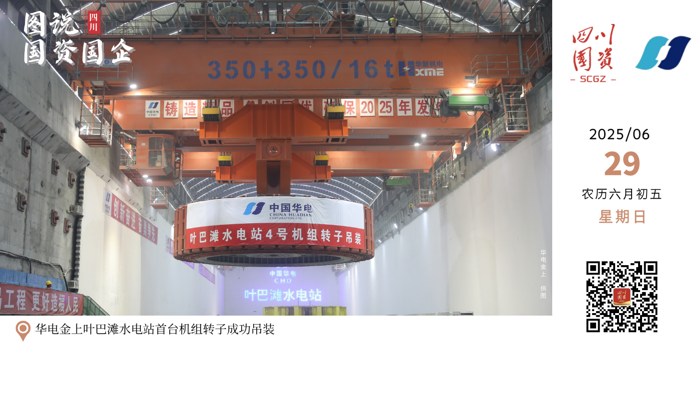 6月13日，我国在建海拔最高双曲拱坝电站——华电金上叶巴滩水电站首台（4号）机组转子成功吊装，标志着机组全面进入总装阶段，开启了冲刺2025年底首批机组投产发电倒计时。