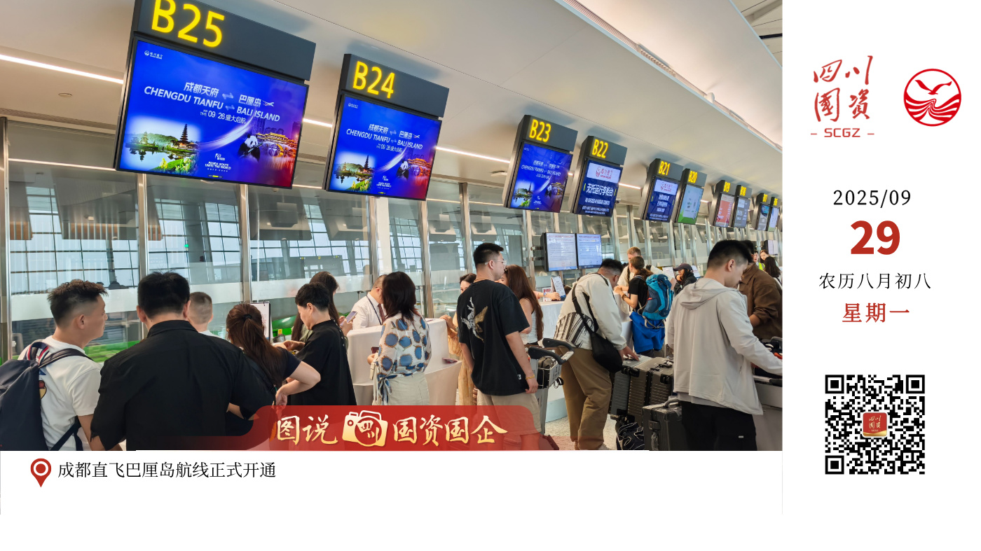 9月26日15时31分，3U3985航班从成都起飞前往印度尼西亚巴厘岛，标志着四川航空成都=巴厘岛航线正式开通，为旅客秋冬季出游增添新选择。首班上座率超过90%。据了解，该航线每日执飞1班，去程计划飞行6小时50分钟，回程计划飞行6小时45分钟。今年以来，川航“熊猫之路”国际航线网络已新增马德里、槟城、雅典等多个航点，为中西部地区旅客提供更丰富、高效的出行方案，助力成都国际航空枢纽高质量发展。